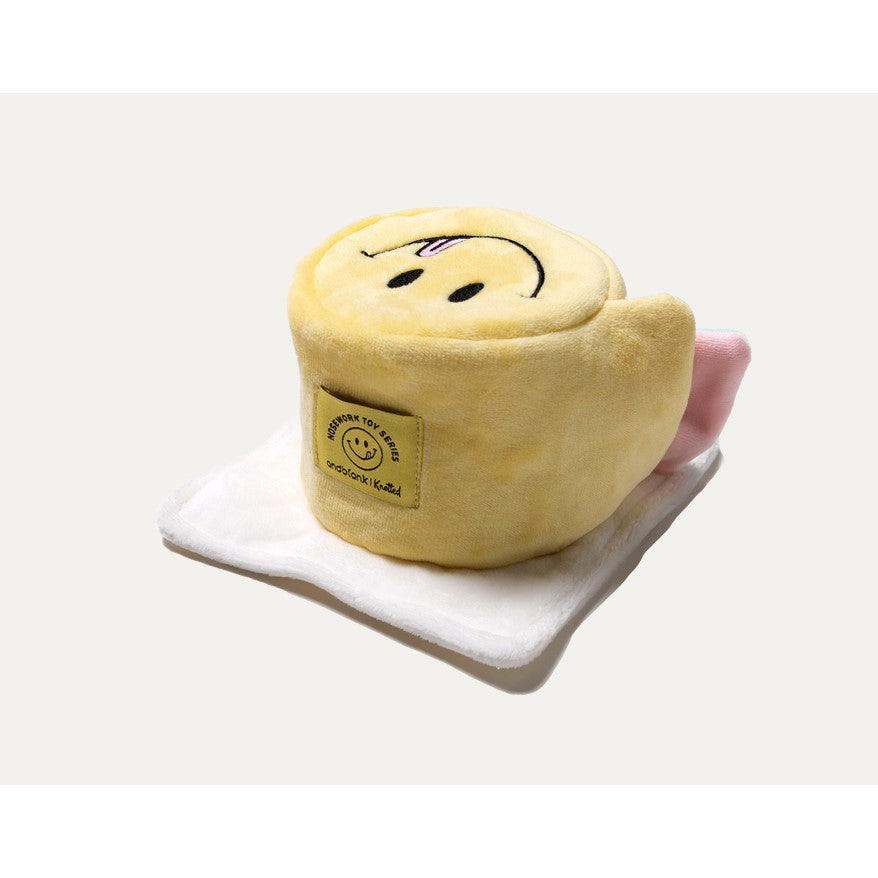 Barkwow Interactive Smiley Face Crinkle Cake Dog Toy with Hidden Treat Compartments and Pull-Out Plush Strips