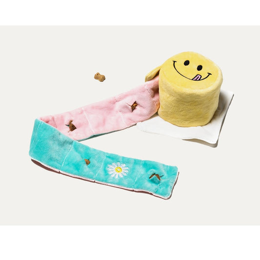 Barkwow Interactive Smiley Face Crinkle Cake Dog Toy with Hidden Treat Compartments and Pull-Out Plush Strips