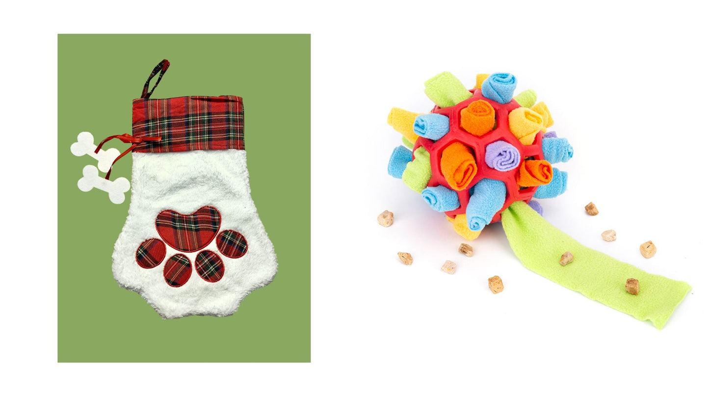 EYS Christmas Stocking Gift Set for Pets, Large (8” Diameter, 18” Long), Includes Plush Toys, Durable Rope Chews, and More, Hanging Stocking Decoration