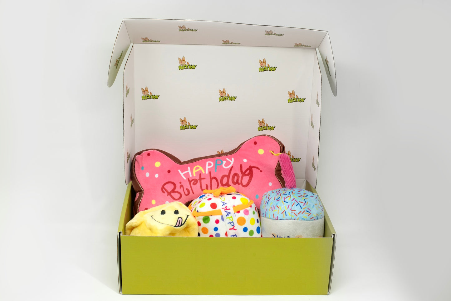 Barkwow Birthday Box: Squeaky toys, hat, bandana, bow, banner, and FREE custom dog tag