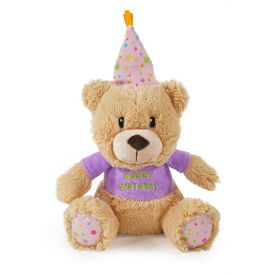 Barkwow Birthday Celebration Plush Bear with Squeaker, Party Hat, and 'Happy Birthday' Shirt - Cuddly Dog Toy Gift