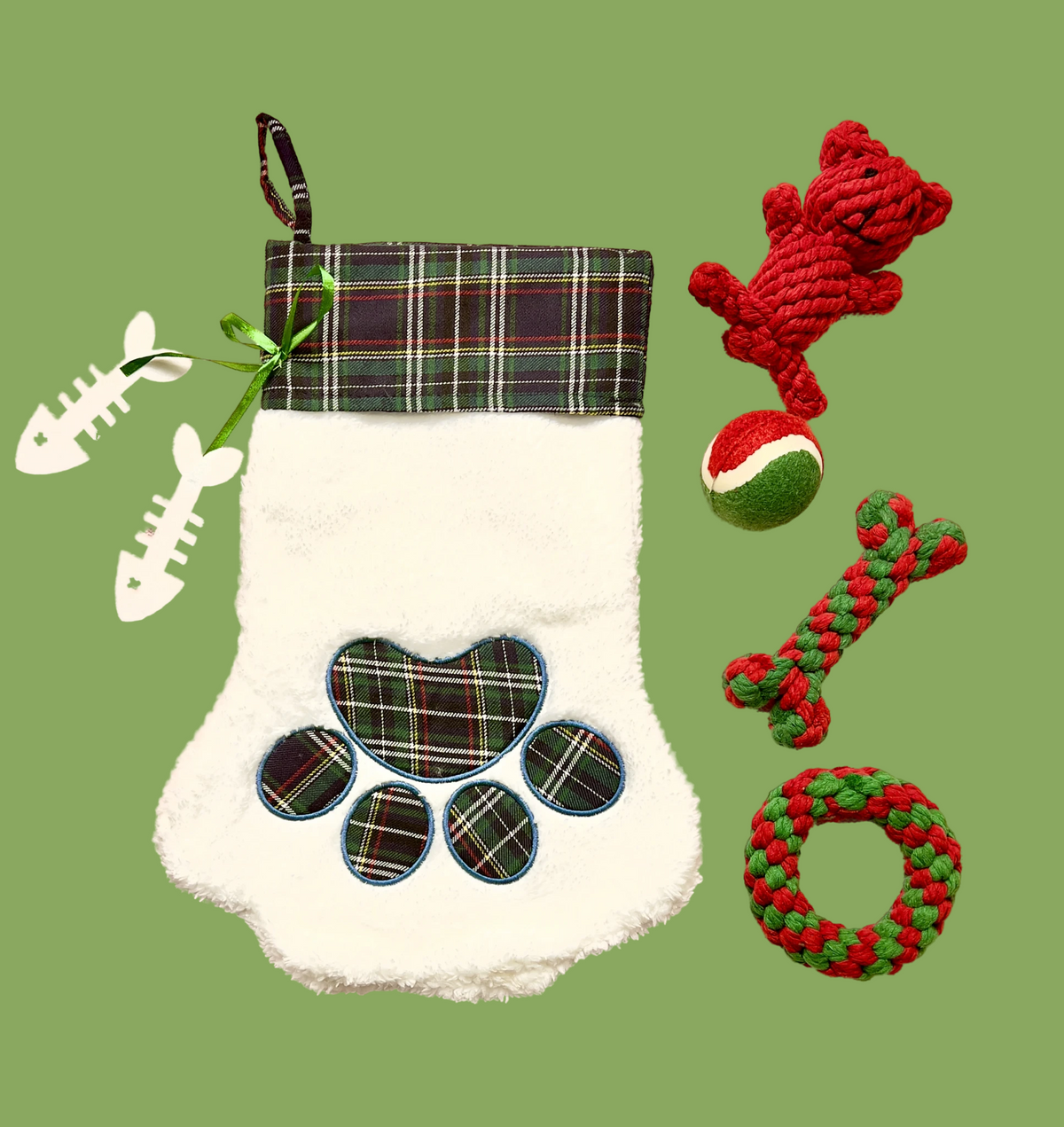 EYS Christmas Stocking Gift Set for Pets, Large (8” Diameter, 18” Long), Includes Plush Toys, Durable Rope Chews, and More, Hanging Stocking Decoration