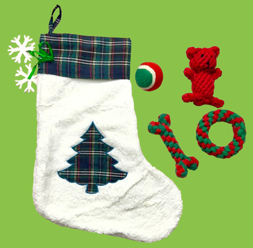 EYS Christmas Stocking Gift Set for Pets, Large (8” Diameter, 18” Long), Includes Plush Toys, Durable Rope Chews, and More, Hanging Stocking Decoration