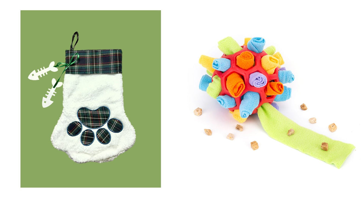EYS Christmas Stocking Gift Set for Pets, Large (8” Diameter, 18” Long), Includes Plush Toys, Durable Rope Chews, and More, Hanging Stocking Decoration