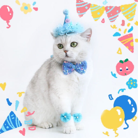 Barkwow Cat Birthday Party Suit - Adorable Hat, Bow Tie & Flower Set for Cat Celebrations