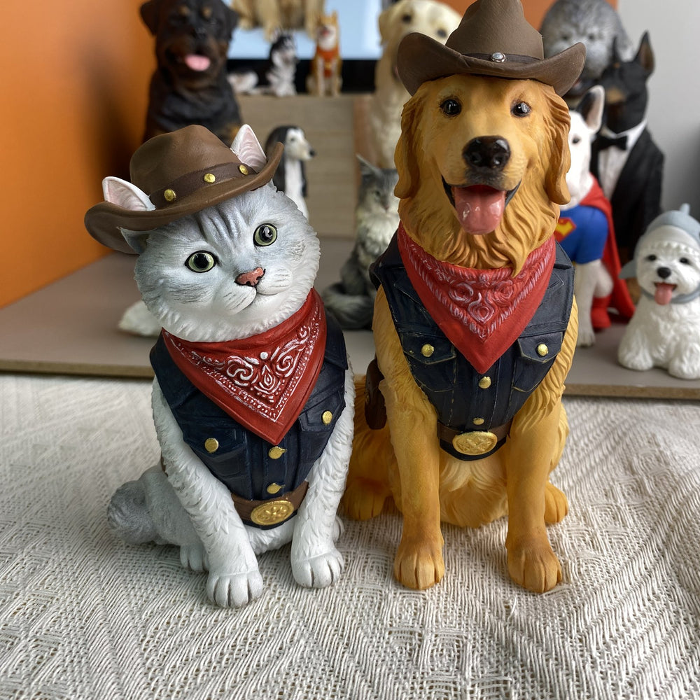 Cat and golden retriever custom figurines in matching cowboy outfits