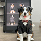 Custom Australian Shepherd figurine in a tuxedo and bow tie, shown next to the reference photos it was sculpted from