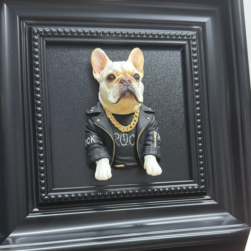 Half-relief 3D portrait of a French bulldog in a leather jacket in a black frame