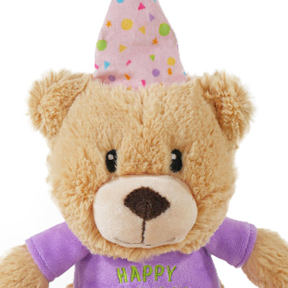 Barkwow Birthday Celebration Plush Bear with Squeaker, Party Hat, and 'Happy Birthday' Shirt - Cuddly Dog Toy Gift