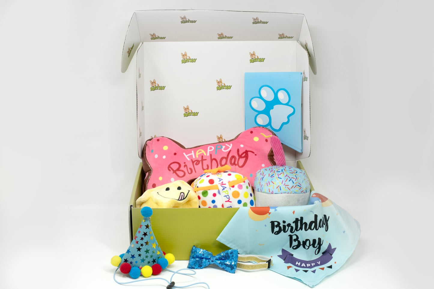 Barkwow Birthday Box: Squeaky toys, hat, bandana, bow, banner, and FREE custom dog tag