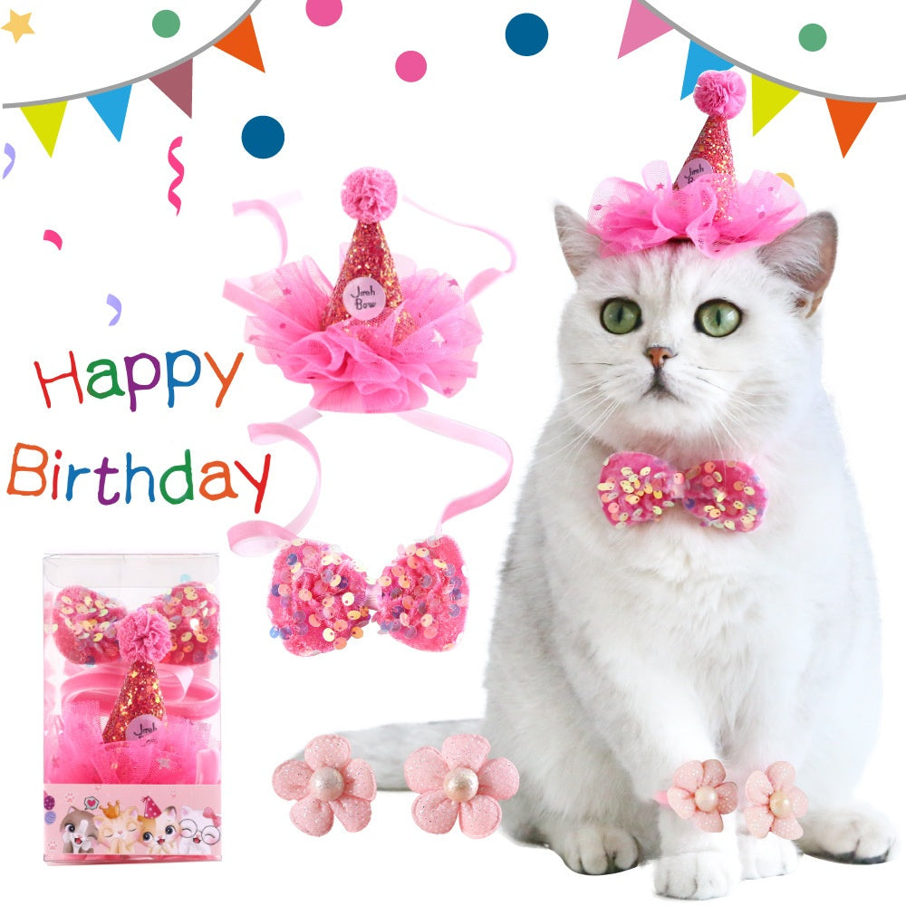 Barkwow Cat Birthday Party Suit - Adorable Hat, Bow Tie & Flower Set for Cat Celebrations