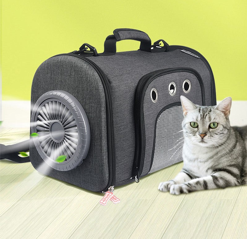 The Cat/Dog Carry Bag with an electric cooling fan is designed to provide a convenient and portable solution for pet owners who want to keep their pets comfortable during long travels and outdoor activities. The nylon material makes the bag durable and the availability of multiple colors allows you to choose the one that best fits your style. The integration of an electric cooling fan that can be connected to a power bank provides a long-lasting cooling solution for your pet Main image