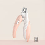 A pet nail clipper with an LED light on the sharper and a compartment for collecting nails is a type of grooming tool designed for convenience and ease of use. The LED light helps to illuminate the pet's nail, making it easier to see where to clip, and the built-in compartment collects trimmed nails, helping to keep the work area clean and organized.