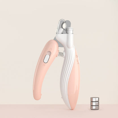 A pet nail clipper with an LED light on the sharper and a compartment for collecting nails is a type of grooming tool designed for convenience and ease of use. The LED light helps to illuminate the pet's nail, making it easier to see where to clip, and the built-in compartment collects trimmed nails, helping to keep the work area clean and organized.